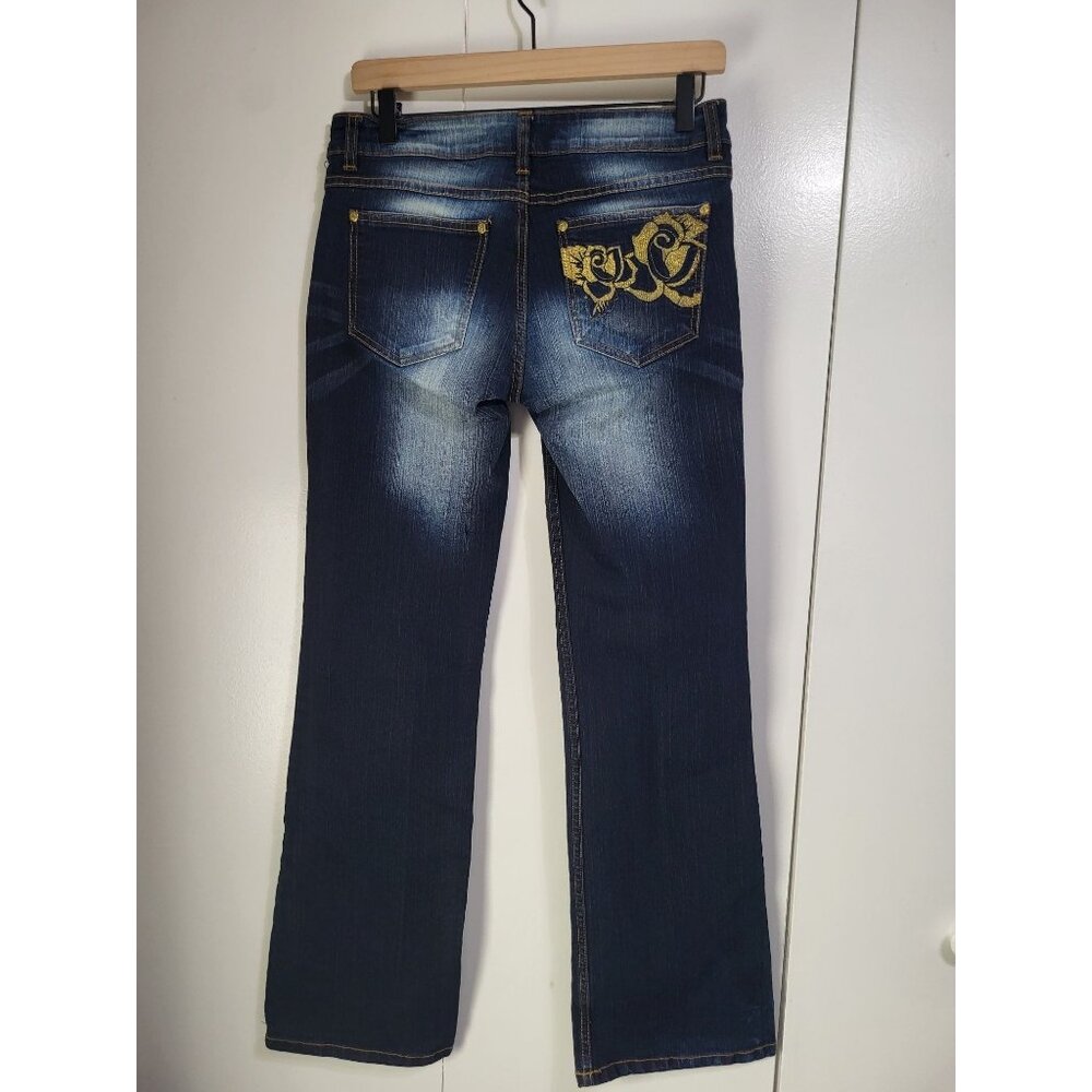 Southpole Womens Y2K Bootcut Jeans SZ 9 Blue Denim Gold Embroidered Rose Detail - Picture 2 of 12